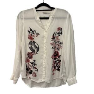 Desigual Long Sleeve Button Up Top Large White V-Necv Floral Semi Sheer